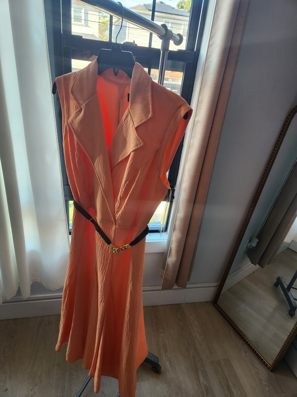 Sleeveless Coral Midi Dress with Black Chain-Accent Belt